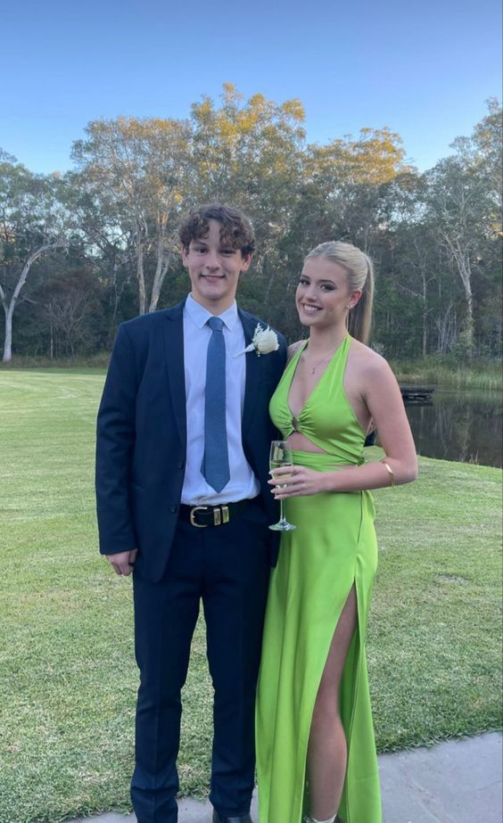 Sexy Green Halter Neckline Prom Dress With Split,Senior Prom Gown - VelvetHem