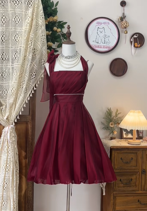 Vintage Burgundy Halter Beaded A Line Short Homecoming Dress Cocktail Dress - View 2 | VelvetHem