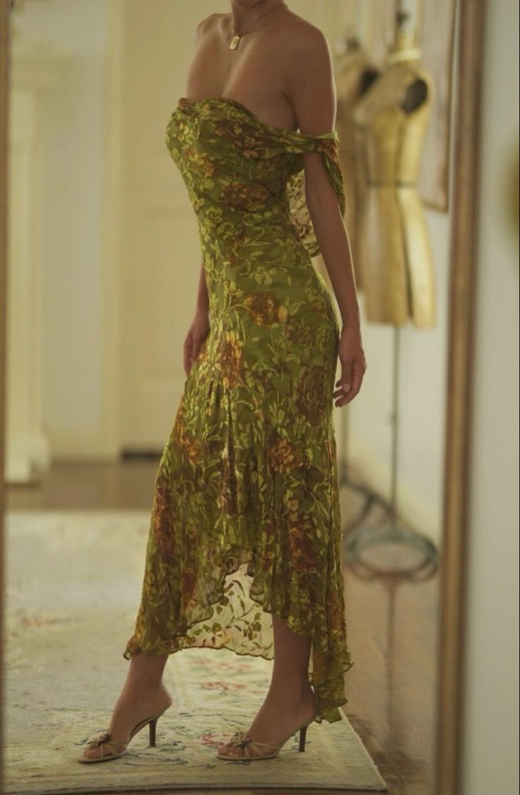 Vintage Green Print Floral Chiffon Evening Dress Long Prom Dress - VelvetHem