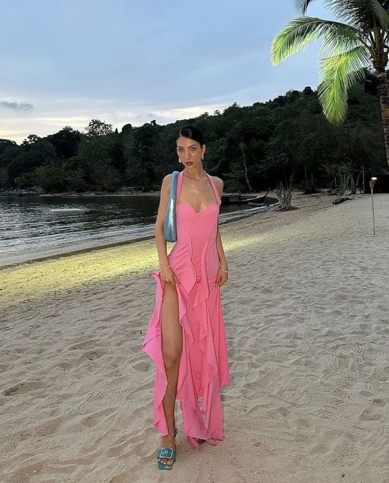 Pink Halter Chiffon Ruffles Evening Dress Long Party Prom Dress - VelvetHem