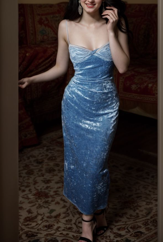 Elegant Blue velvet Prom Dress Spaghetti Straps Evening Dress Y8193 - VelvetHem