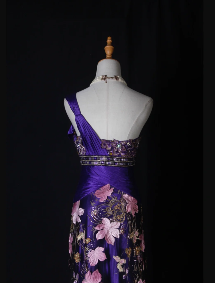 Charming Purple One Shoulder Satin Pleated Beaded Mermaid Prom Dress Evening Gown With Embroidery Appliques - View 6 | VelvetHem