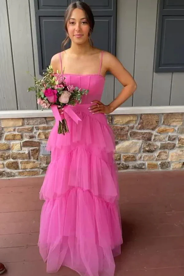 Elegant A-Line Hot Pink Tiered Tulle Long Prom Dress Evening Dress Y1594 - VelvetHem