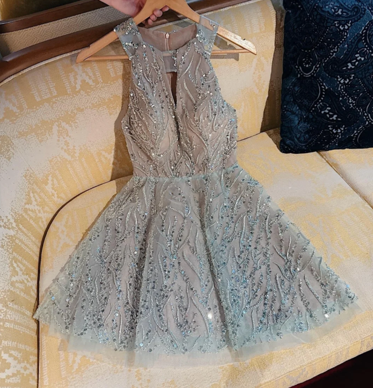 Gorgeous Sleeveless Blue Tulle Sequin Cocktail Dress Formal Graduation Dress - VelvetHem