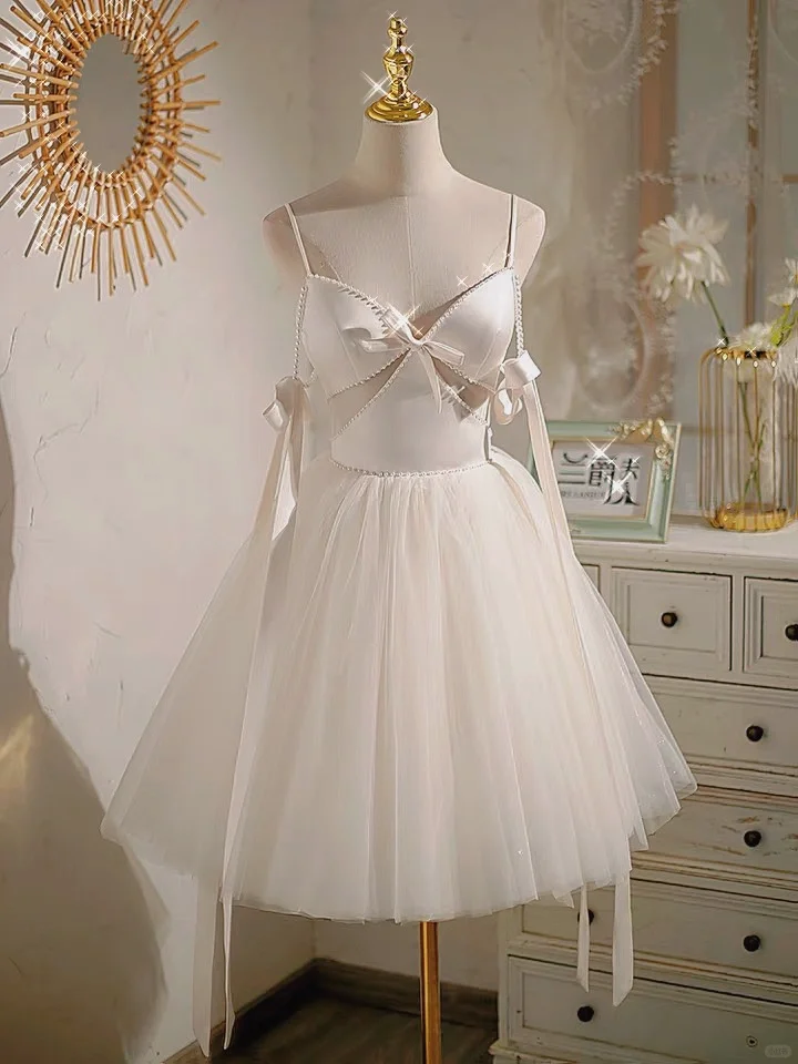 Classy Spaghetti Straps White Satin Tulle Beaded A Line Short Birthday Outfits Formal Graduation Homecoming Dress