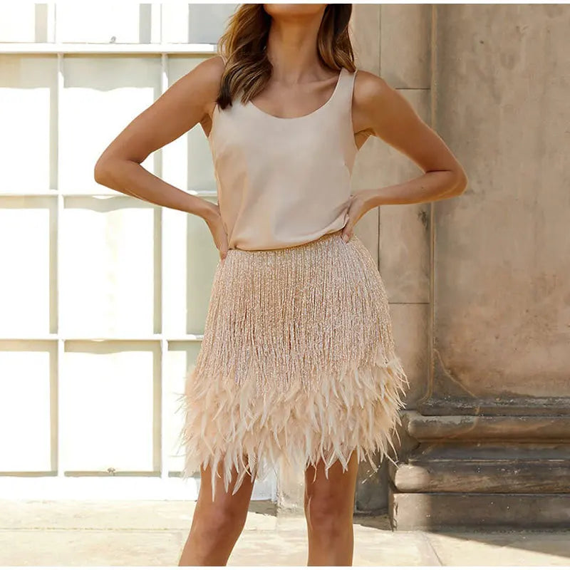 DressBetty - Y2K Sequins Feather Sleeveless Mini Skirt - VelvetHem