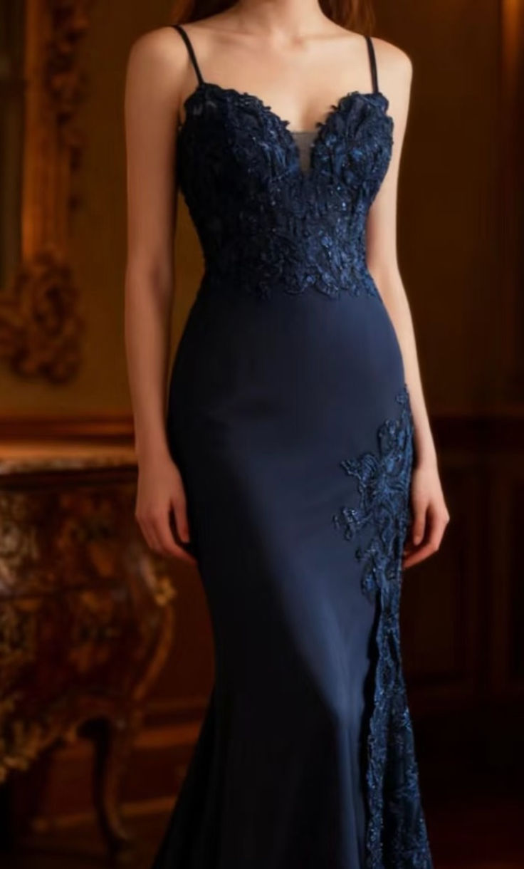 Vintage Spaghetti Strap Navy Blue Satin Appliques Mermaid Long Wedding Guest Dress Birthday Evening Dress - View 2 | VelvetHem