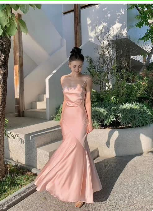 Elegant Straps Pink Satin Mermaid Evening Dress Formal Prom Dress - VelvetHem