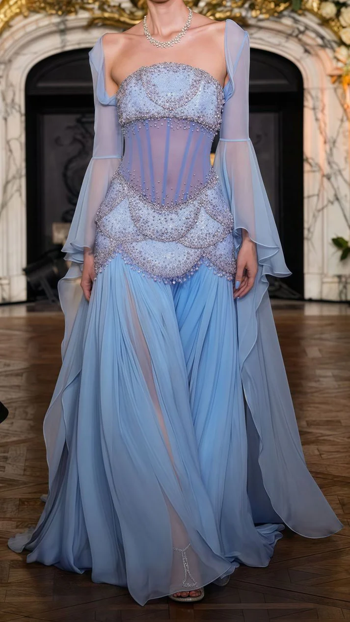 Sexy A Line Off The Shoulder Maxi Long Party Light Blue Chiffon Prom Dresses Evening Dress