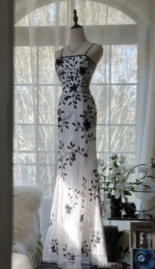 Unique Spaghetti Straps White Chiffon Black Beaded Mermaid Long Evening Dress Formal Birthday Party Dress - View 2 | VelvetHem