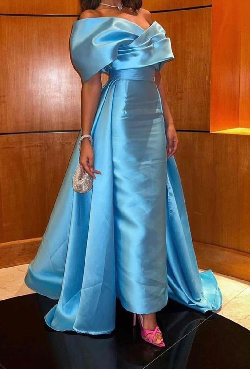 Off The Shoulder Blue Satin Evening Dress Y4026 - VelvetHem