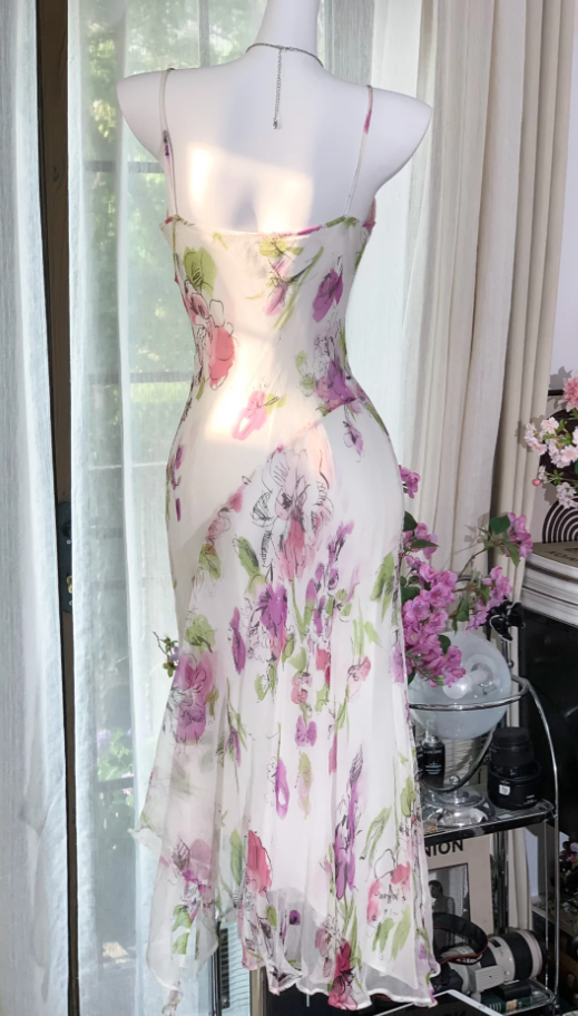 Pretty Spaghetti Straps Chiffon Print Floral Mermaid Evening Dress Long Party Dress - View 3 | VelvetHem