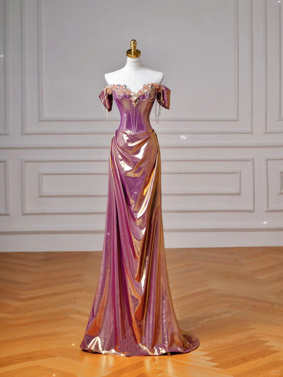 Classy Purple Satin Beaded Mermaid Prom Dress Off The Shoulder Long Evening Dress Y8605 - VelvetHem