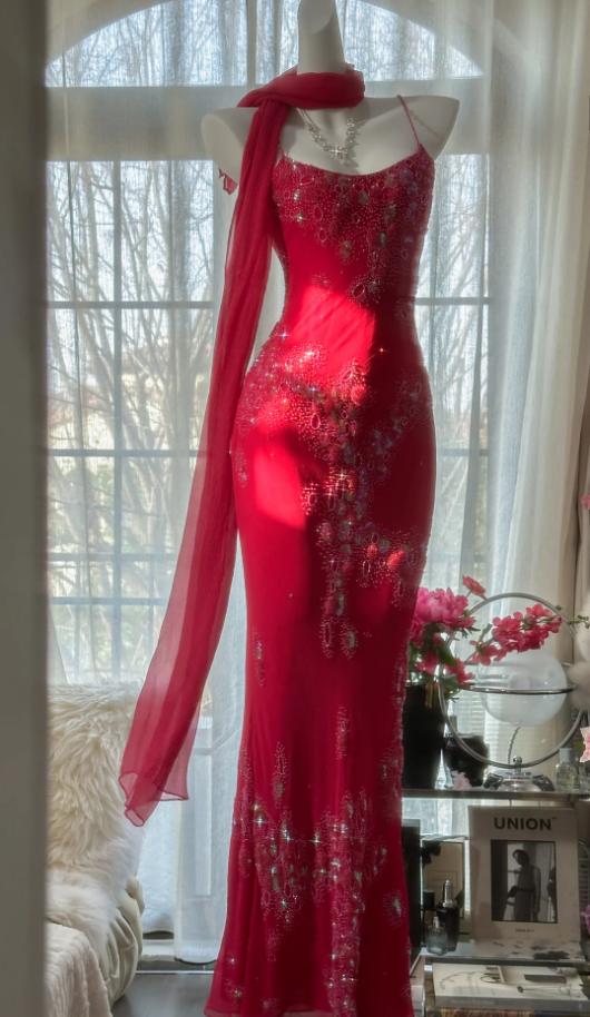 Pretty Red Spaghetti Straps Chiffon Beaded Mermaid Evening Dress Long Birthday Party Dress Prom Gown