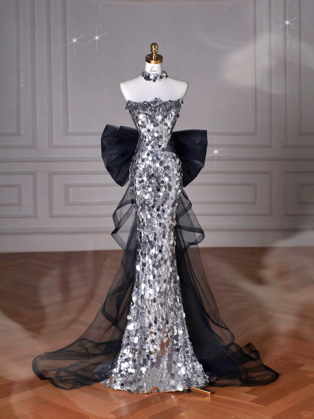 Black Glitter Sequins Tulle Mermaid Prom Dress Strapless Evening Dress With Bow Y8615 - VelvetHem