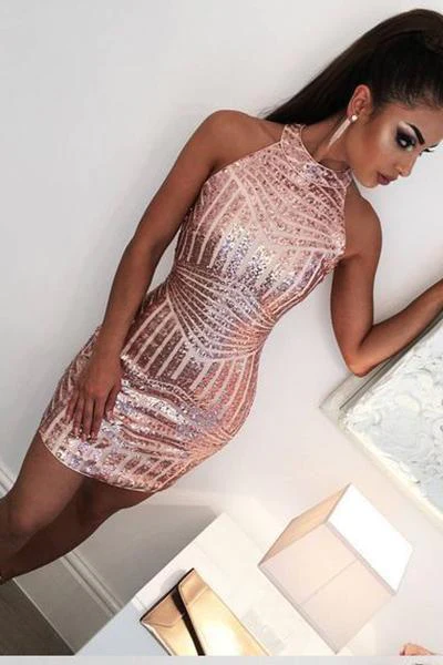 Sexy Rose Gold Jewel Sheath Mini Short Dresses Homecoming Dress Cocktail Dress - VelvetHem