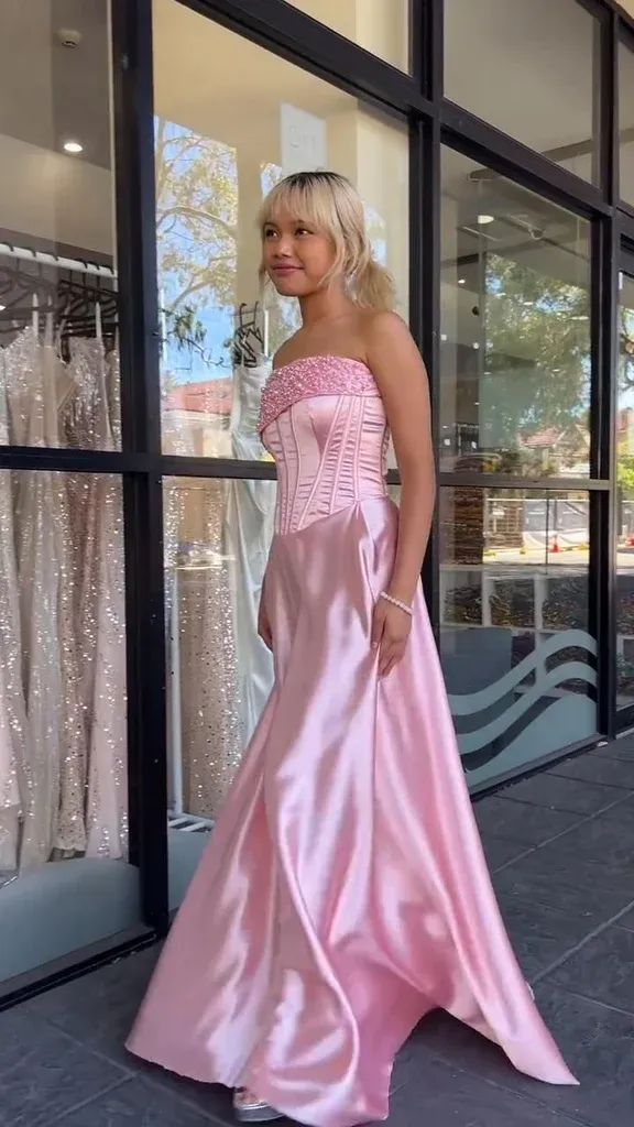 Pink Strapless Beaded Satin Party Dress A Line Prom Evening Dress - View 2 | VelvetHem