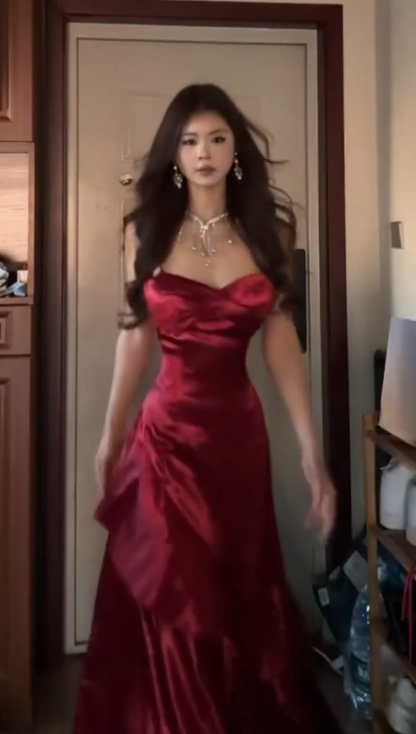 Elegant Spaghetti Straps Burgundy Satin Layered Mermaid Evening Dress Long Wedding Guest Dress - View 3 | VelvetHem