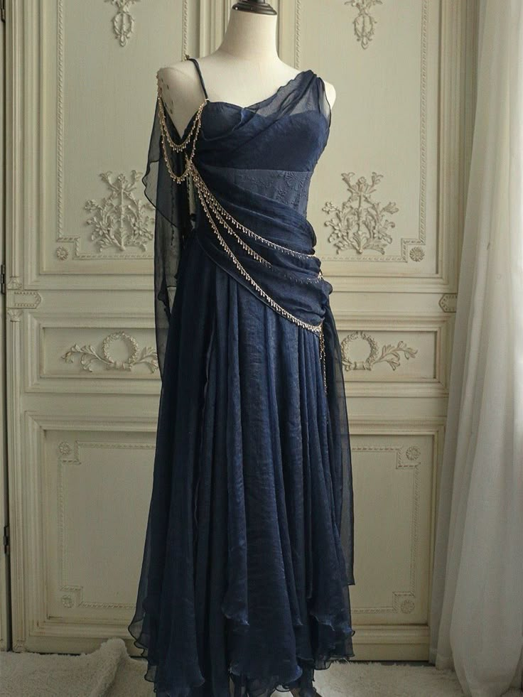 Vintage Navy Blue Chiffon A Line Prom Dress Evening Dress Y8292 - VelvetHem