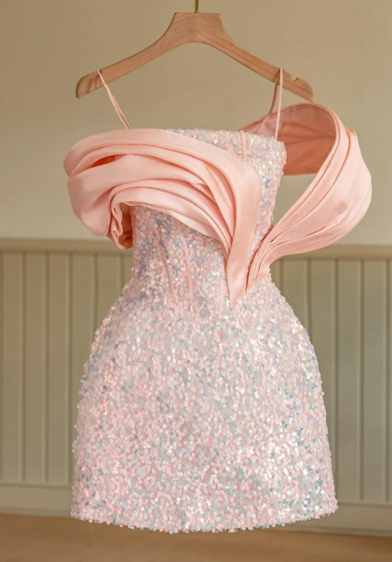 Cute Pink Sequin Off The Shoulder Short Homecoming Dress Formal Birthday Outfits - VelvetHem