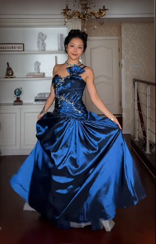 Elegant Spaghetti Straps Navy Blue Satin Pleated Beaded Long Party Dress Prom Gown - View 5 | VelvetHem
