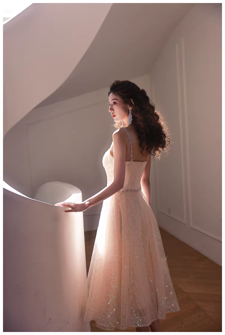Elegant Light Champagne Tulle Sequin Beaded A Line Mid Length Birthday Prom Dress Evening Gown - View 5 | VelvetHem