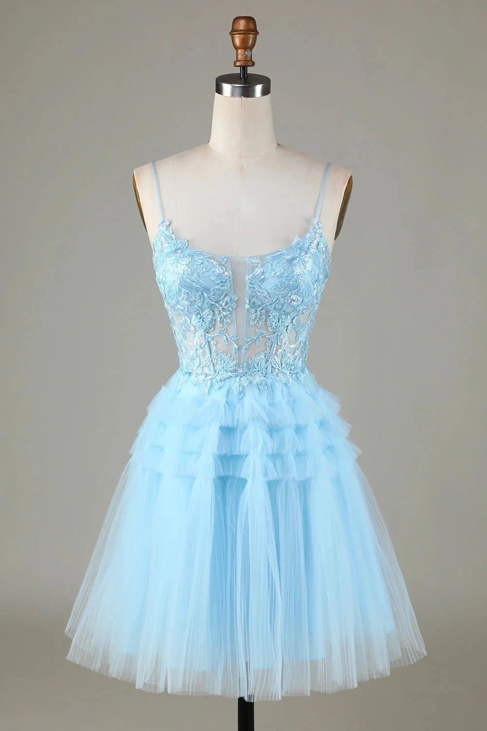 Cute A Line Spaghetti Straps Glitter Blue Short Homecoming Dress with Appliques (ZD11489) - VelvetHem
