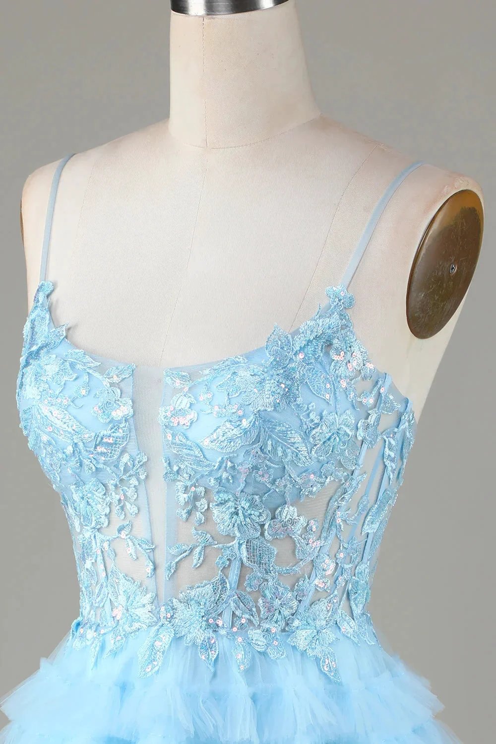 Cute A Line Spaghetti Straps Glitter Blue Short Homecoming Dress with Appliques (ZD11489)