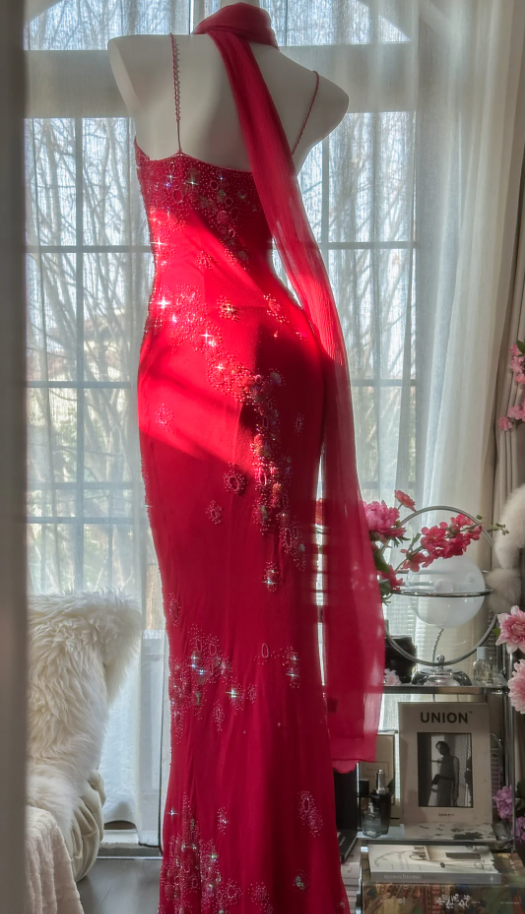 Pretty Red Spaghetti Straps Chiffon Beaded Mermaid Evening Dress Long Birthday Party Dress Prom Gown - View 10 | VelvetHem
