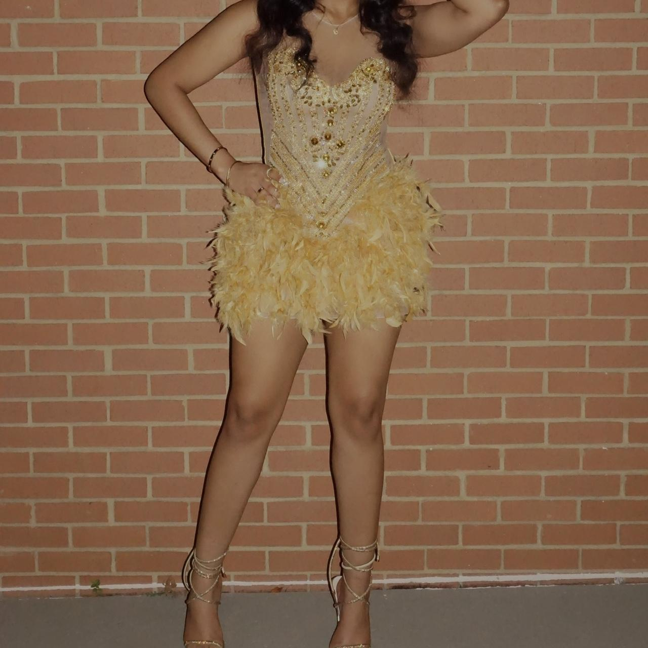 Gorgeous Gold Sequin Beaded Feathers Sheath Cocktail Dress 8th Grade Homecoming Dress - VelvetHem