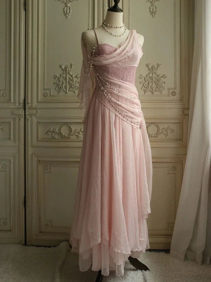 Pretty Pink Chiffon Sweetheart Spaghetti Straps Long Prom Evening Dress With Pearls Y8290 - VelvetHem