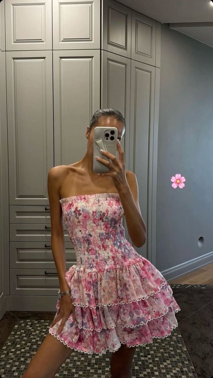 Pretty Pink Print Floral Layered A Line Mini Prom Dress Strapless Graduation Homecoming Dress
