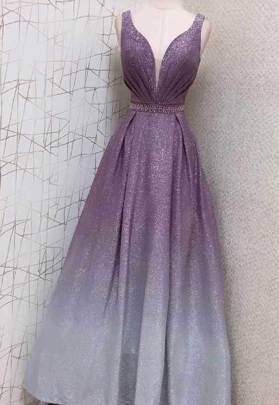 Glitter Ombre V Neck Prom Dress,Senior Prom Gown