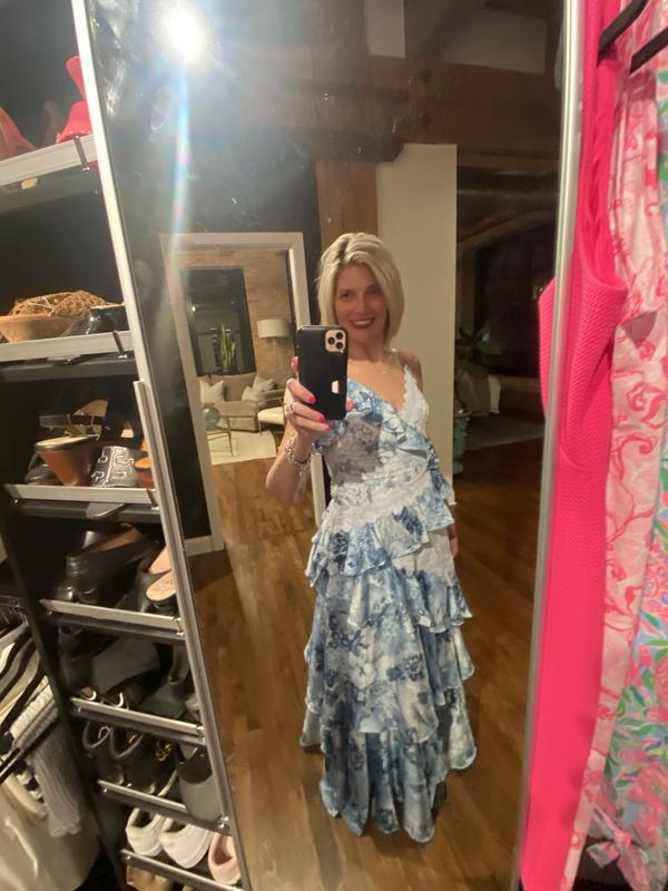 Gorgeous Blue Sleeveless V-Neck Lace Ruffle Tiered Evening Dress Formal Prom Dress Y8460