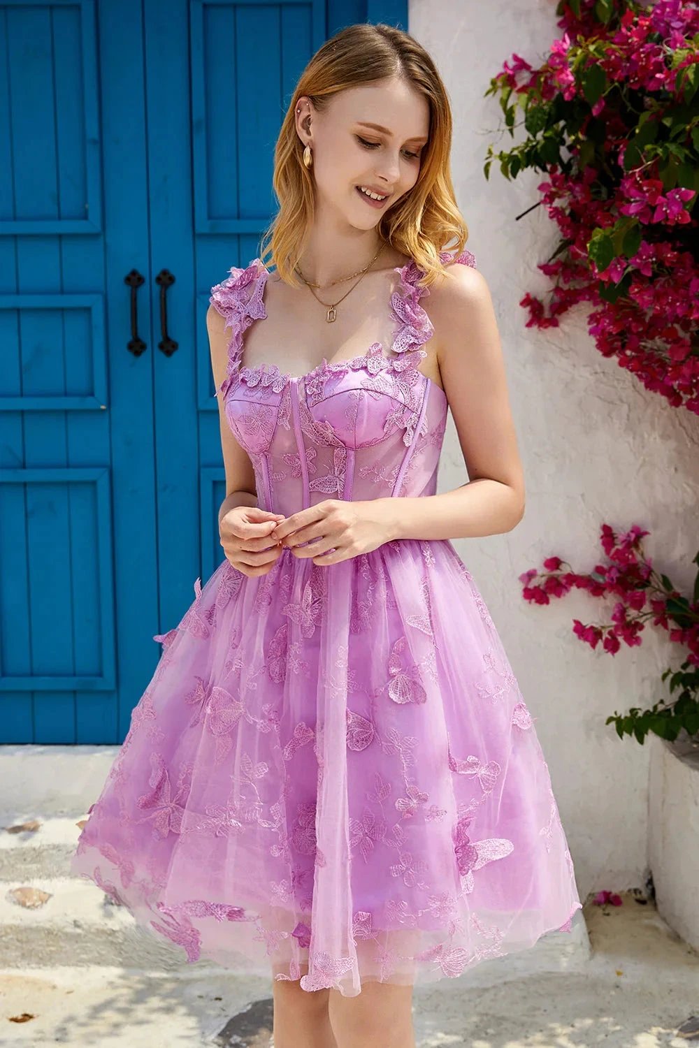 Cute A Line Corset Short Purple Homecoming Dress with Appliques (ZD11492)