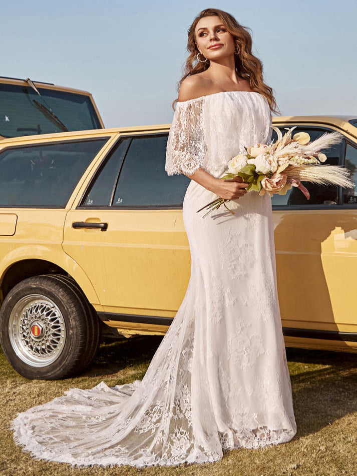 Ivory Mermaid Off The Shoulder Lace Boho Wedding Dress With Sweep Train - VelvetHem