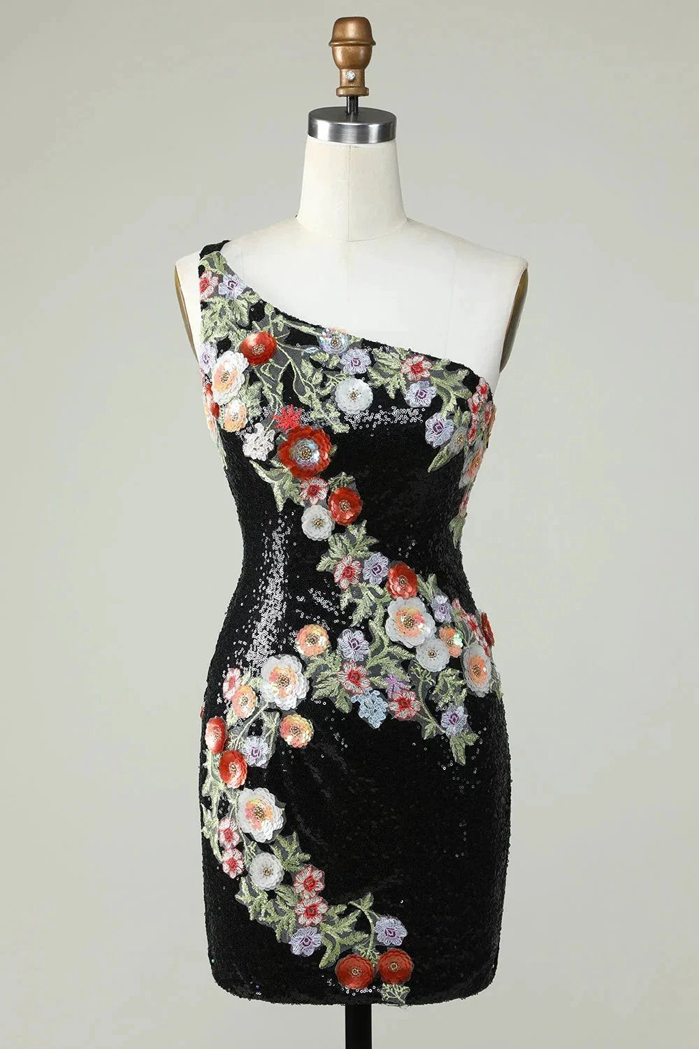 Bodycon One Shoulder Black Sequin Beading Homecoming Dress with 3d Flowers by WEDTREND