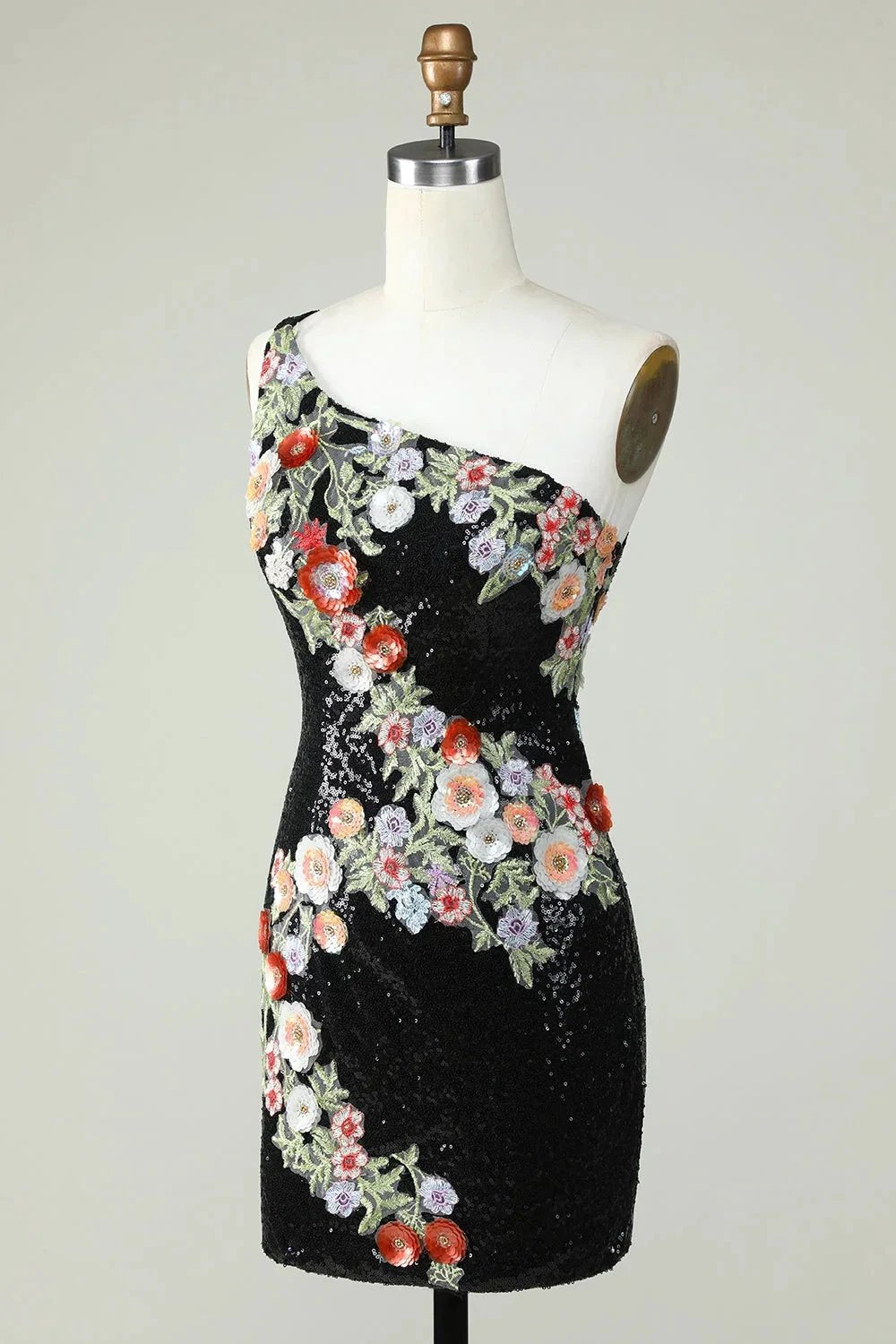 Bodycon One Shoulder Black Sequin Beading Homecoming Dress with 3d Flowers (ZD11539)