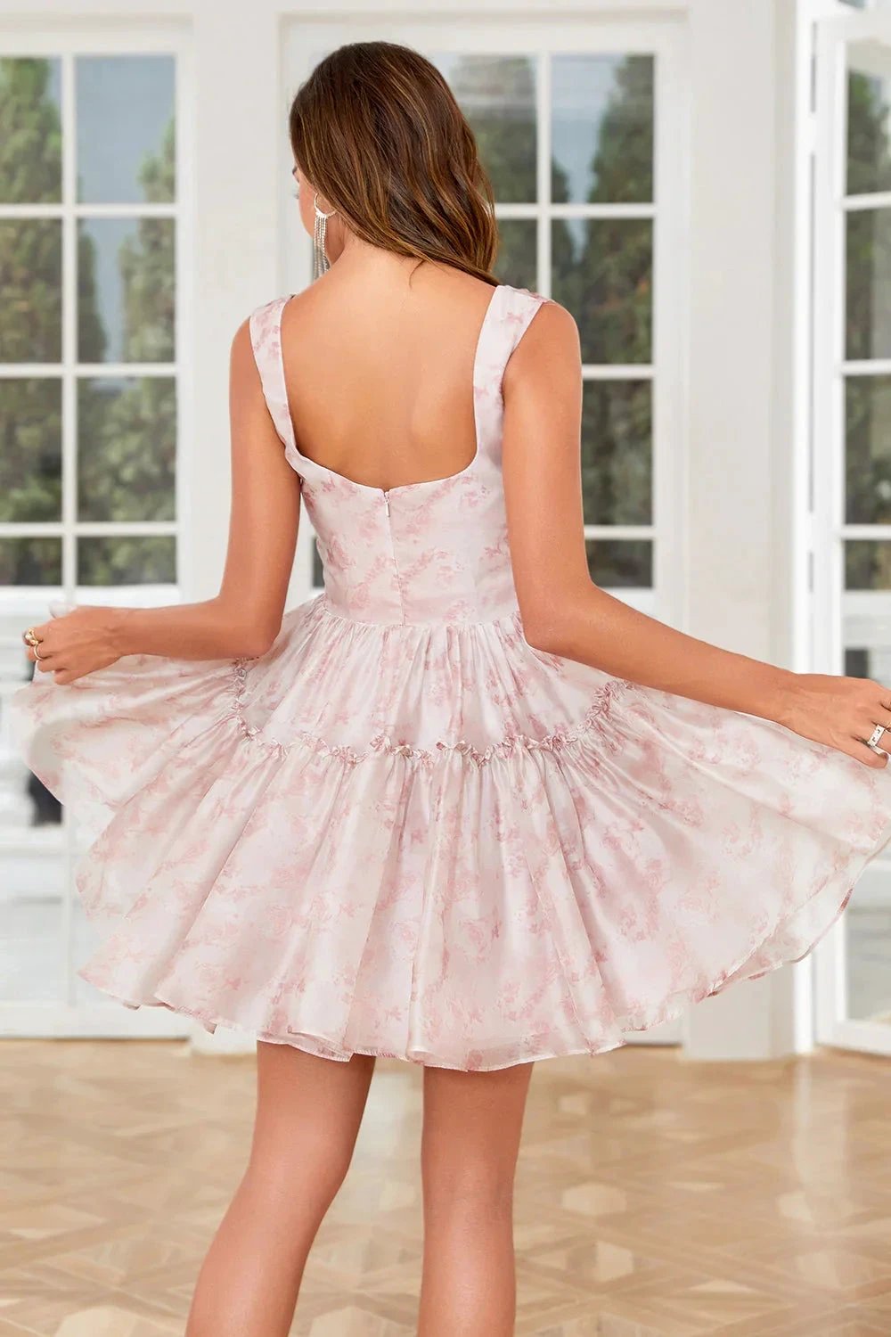Cute Blush A Line Off The Shoulder Corset Pleated Unique Print Homecoming Dress with Ruffles (ZD11475)