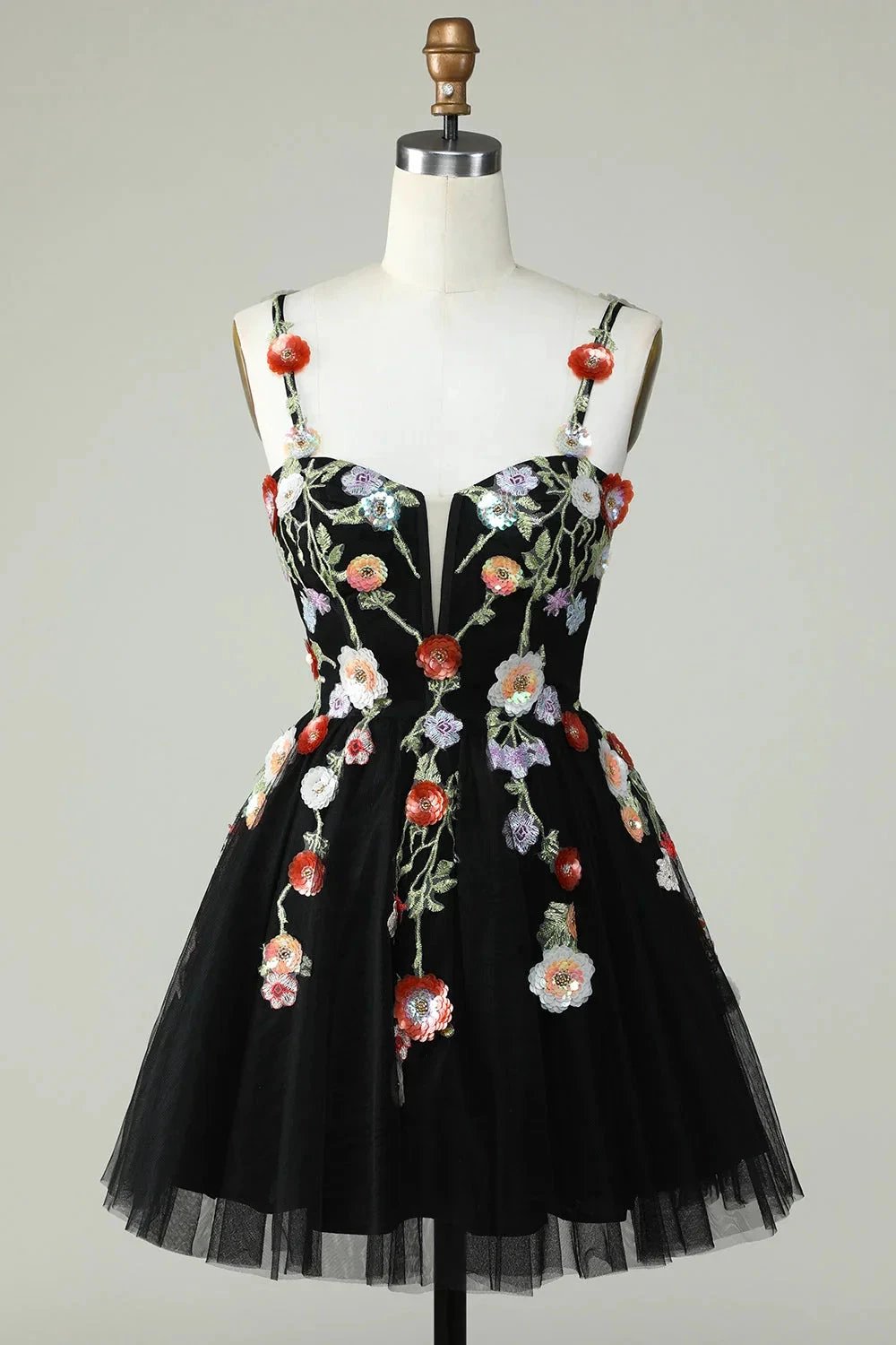 Black A Line Spaghetti Straps Sequin Homecoming Dress with Flowers (ZD11569) - VelvetHem