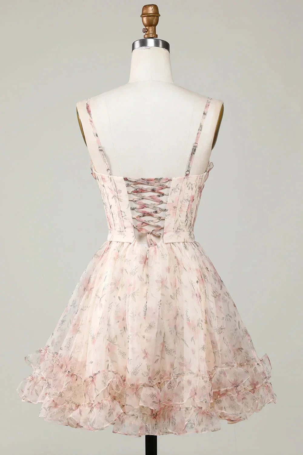Champagne A-Line Corset Floral Short Homecoming Dress with Lace Up Back (ZD11534)