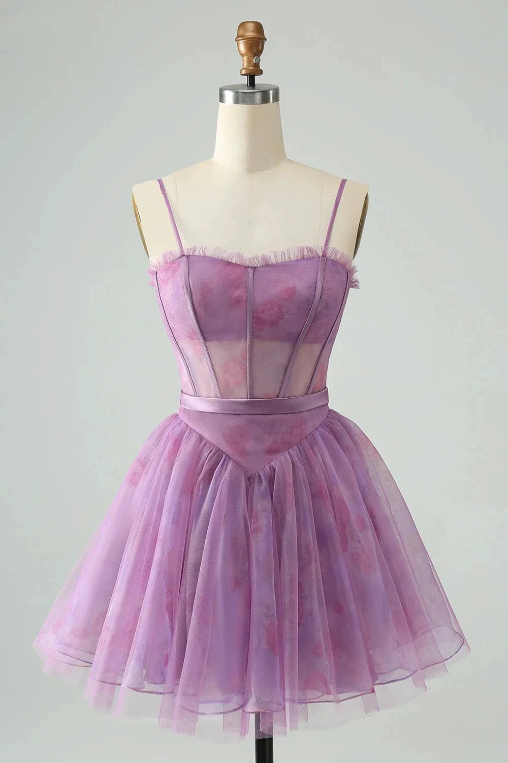Cute Purple A Line Spaghetti Straps Print Corset Short Homecoming Dress (ZD11439) - VelvetHem