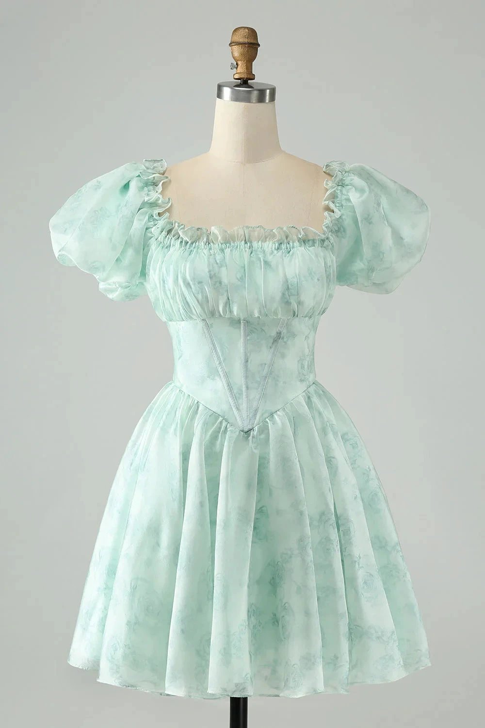 Cute Light Green A Line Square Neck Floral Short Homecoming Dress with Ruffles by WEDTREND