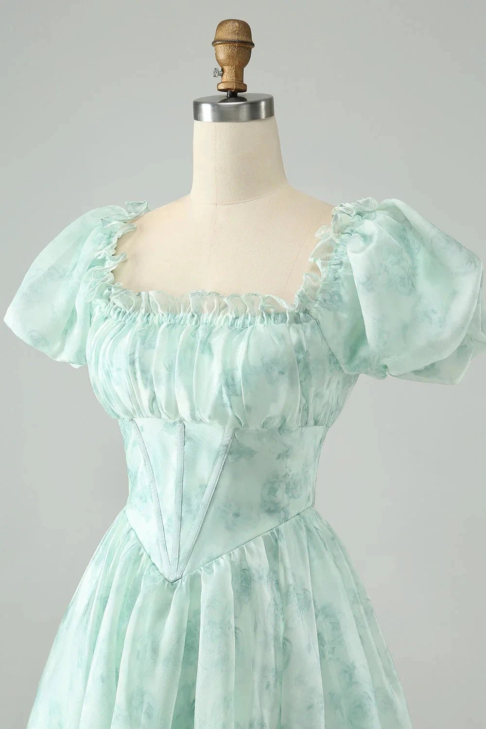 Cute Light Green A Line Square Neck Floral Short Homecoming Dress with Ruffles (ZD11452)