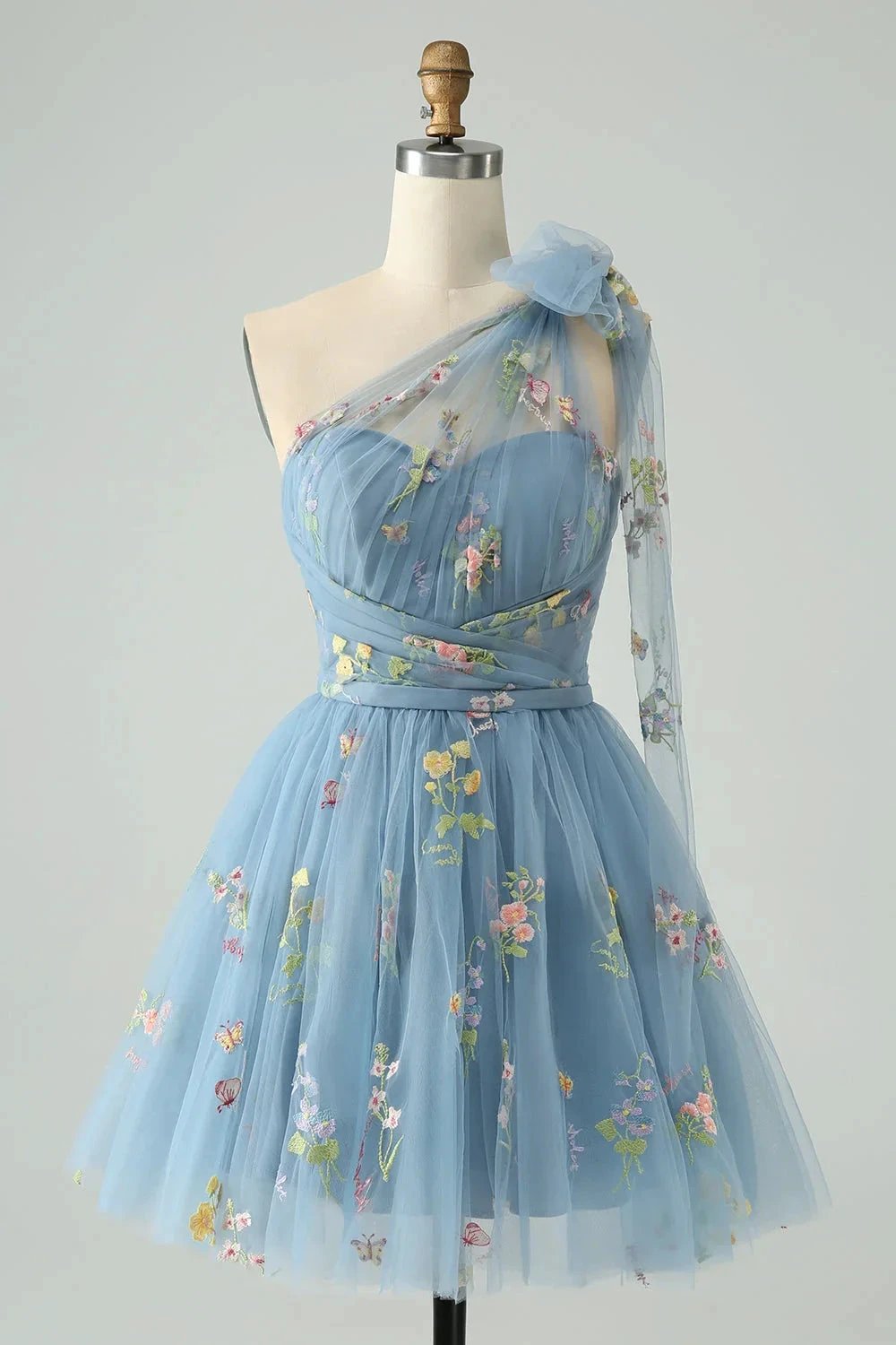 A Line One Shoulder Grey Blue Tulle Homecoming Dress with Floral Embroidery (ZD11606) - VelvetHem