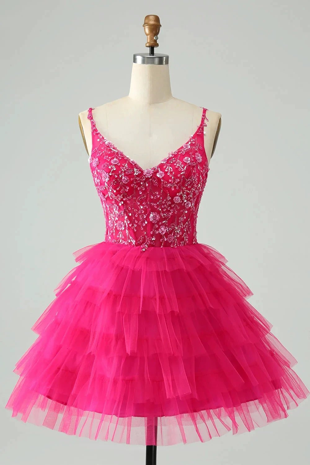 Cute Fuchsia A Line Spaghetti Straps Tiered Short Homecoming Dress with Sequins (ZD11468) - VelvetHem