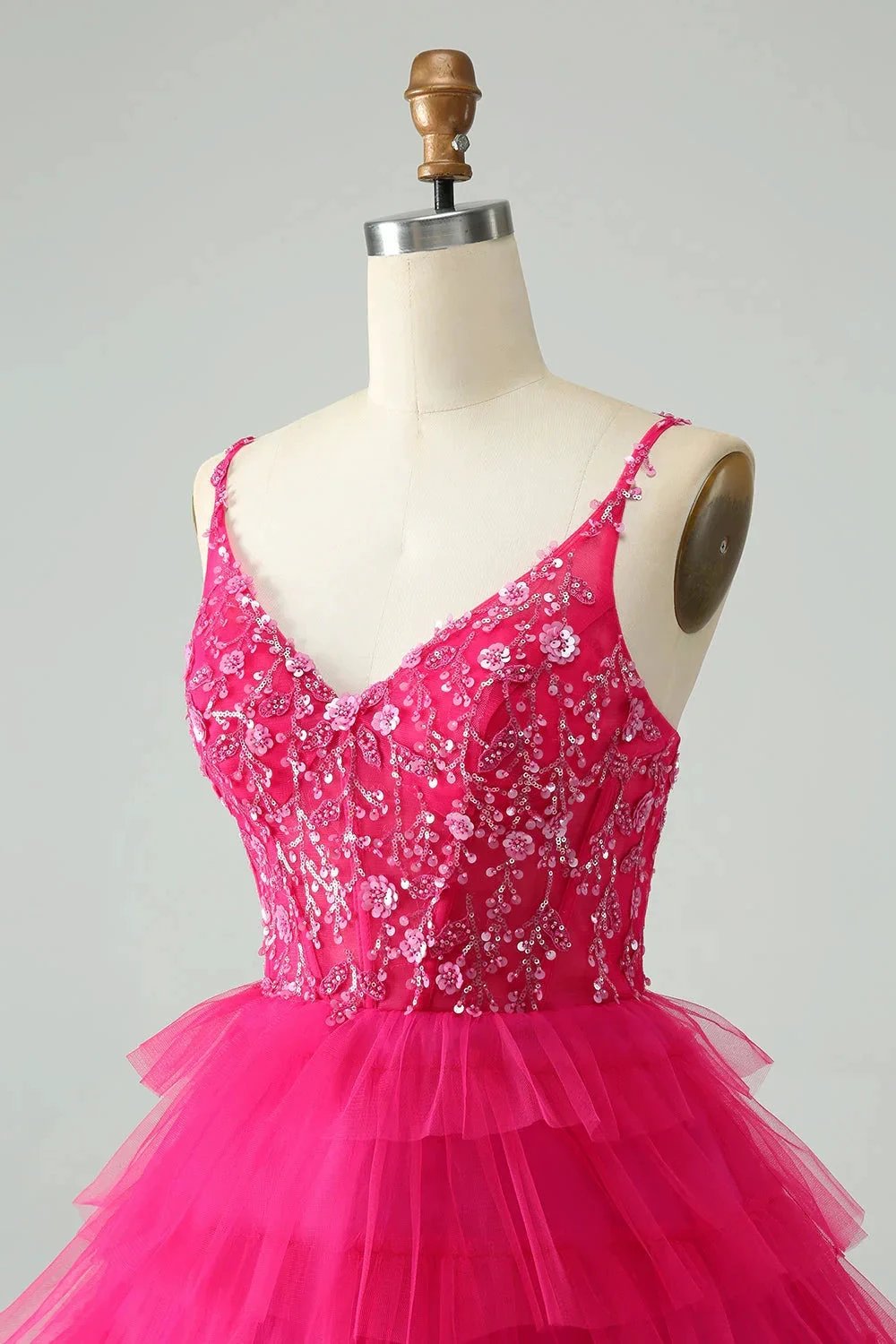Cute Fuchsia A Line Spaghetti Straps Tiered Short Homecoming Dress with Sequins (ZD11468)