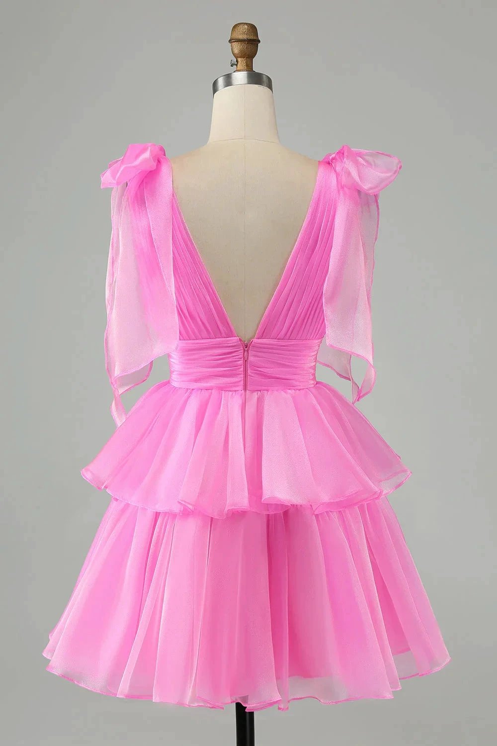 Cute Hot Pink A Line V Neck Backless Pleated Tiered Short Homecoming Dress (ZD11454)