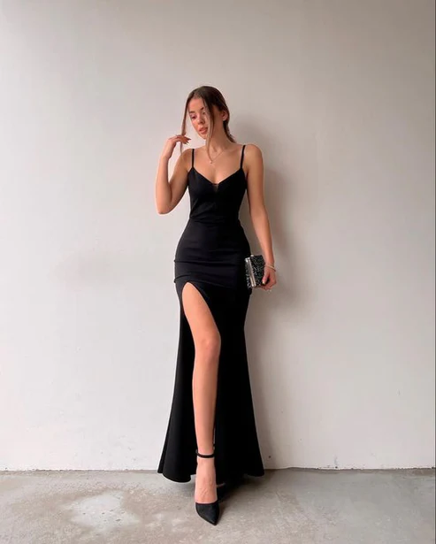 Spaghetti Straps Black Mermaid Prom Dress Chic Prom Dress With High Slit - VelvetHem