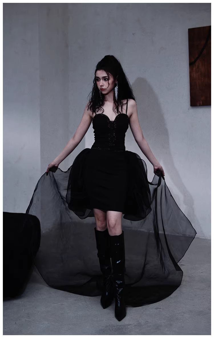 Gorgeous Black Organza Satin Beaded Long Party Dress Birthday Evening Dress - View 9 | VelvetHem